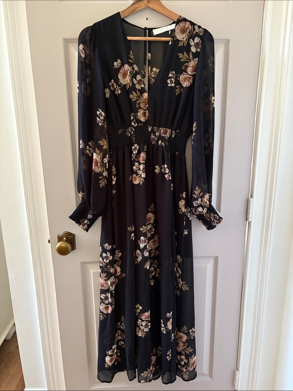 Astr Black Floral Long Sleeve Maxi Dress with Cream Rose Print